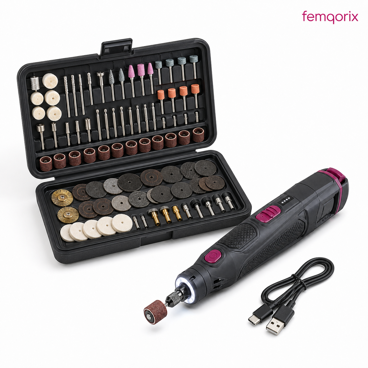 FEMQORIX 8V Cordless Rotary Tool Kit – Variable-Speed Grinder with 80 Accessories